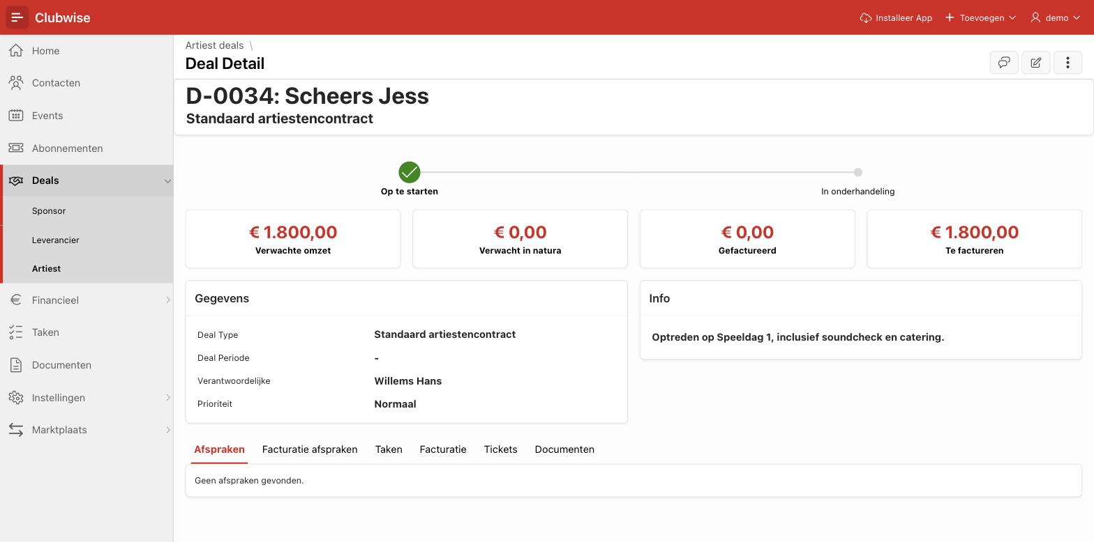 De dealflow bij een artiestendeal: momenteel maar twee stappen zichtbaar, in tegenstelling tot de zeven stappen bij Sponsor en Leverancier.