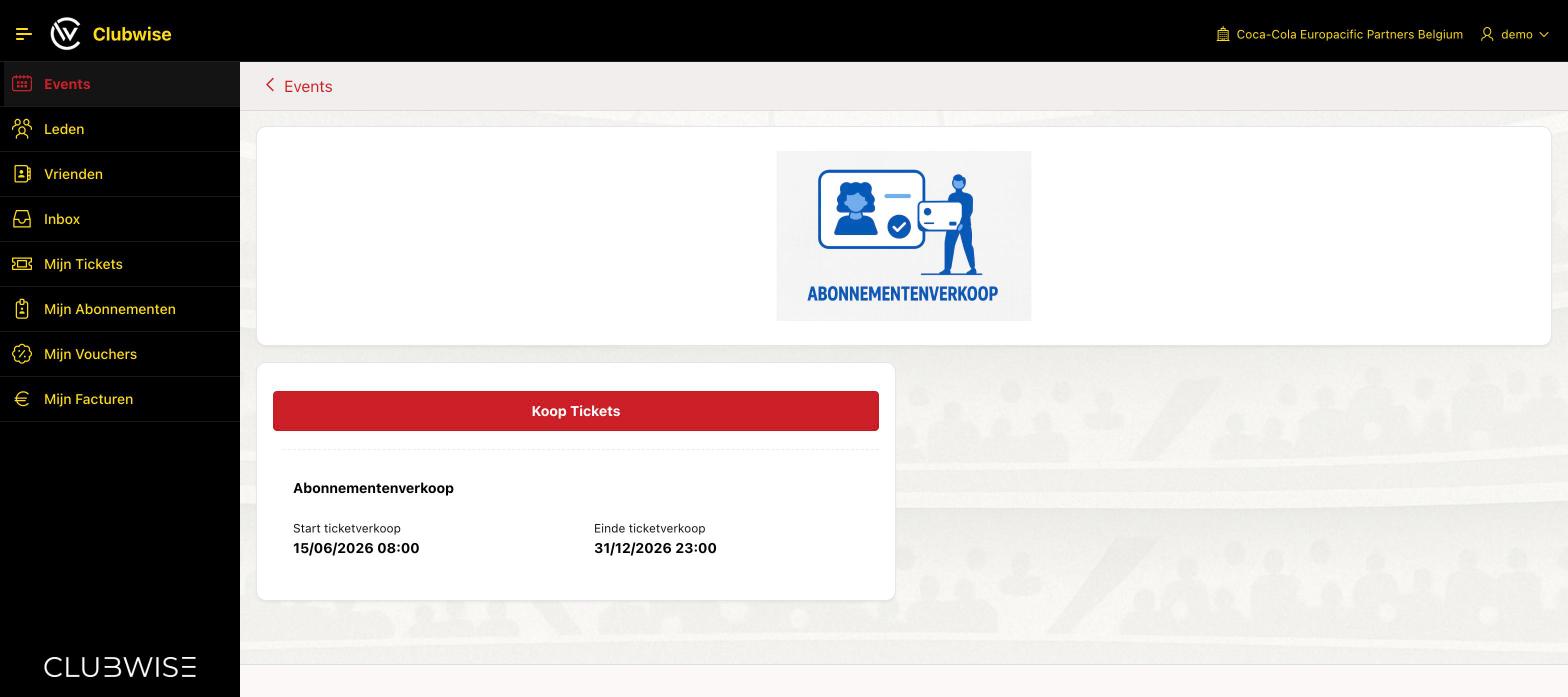 Eventdetail in de app, met de knop “Koop Tickets” en de periode van de ticketverkoop.