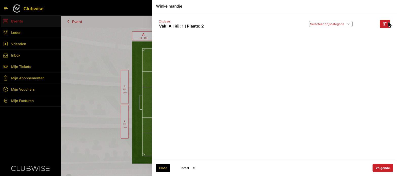Winkelmandje met de geselecteerde plaats en de dropdown “Selecteer prijscategorie” — pas na deze keuze kan je verder naar “Volgende”.