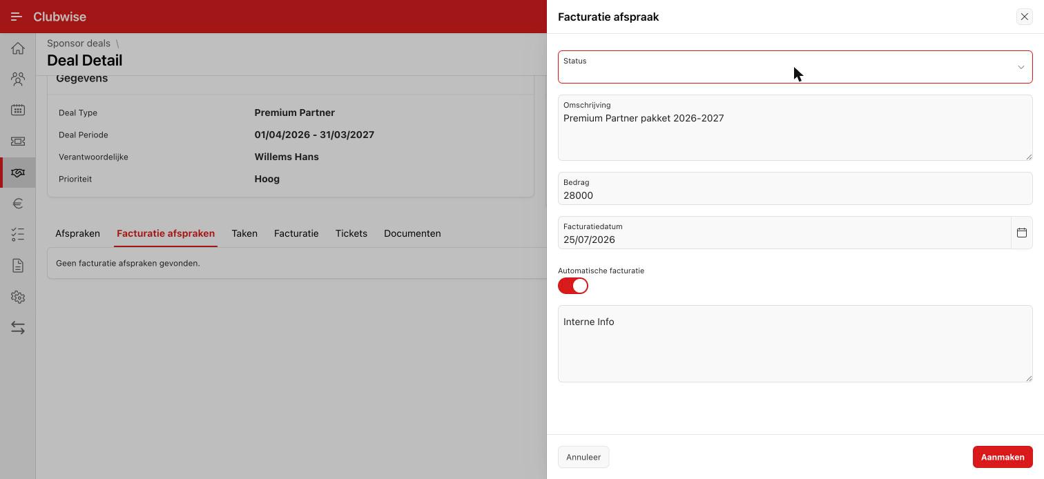 Ingevulde factuur afspraak met facturatiedatum en “Automatische facturatie” ingeschakeld.