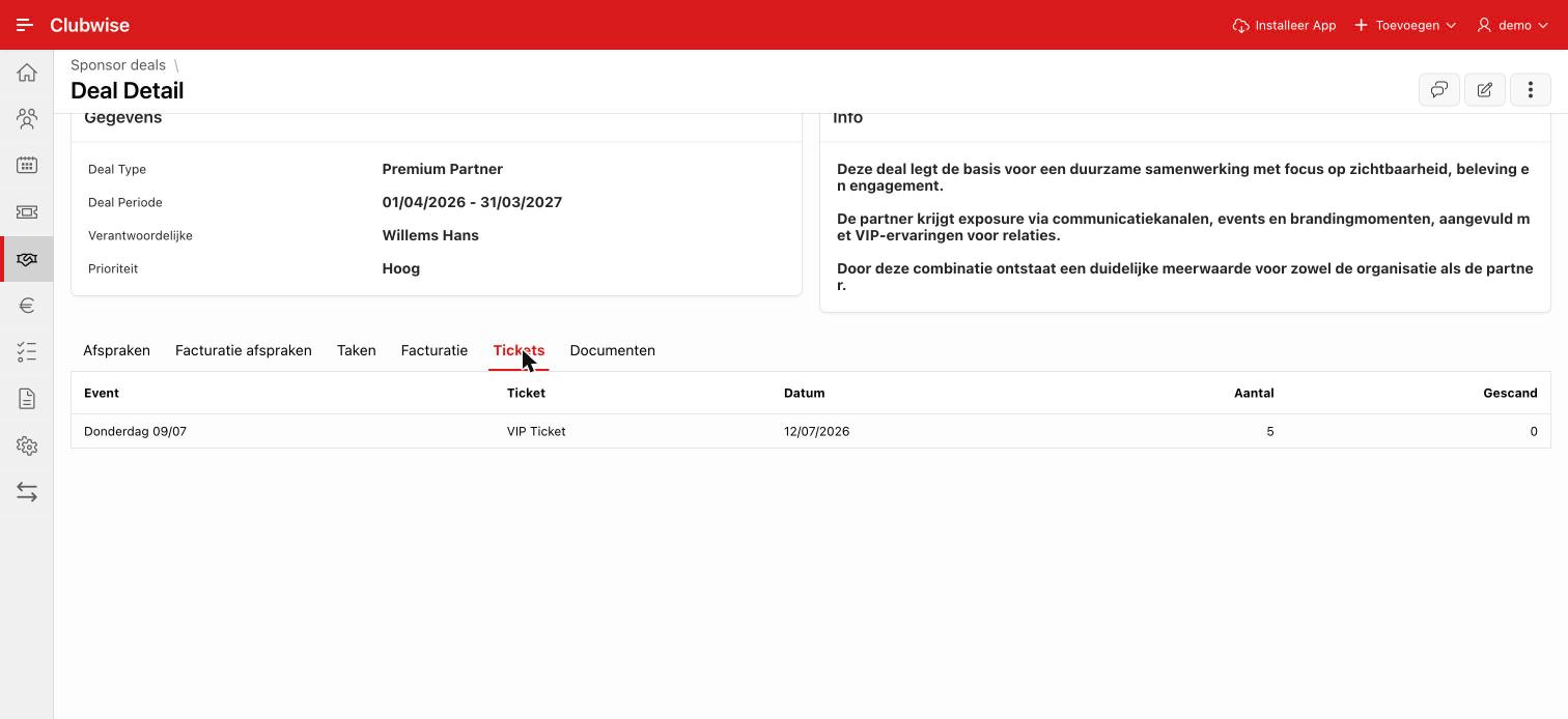 Tickets die aan deze deal gekoppeld zijn, per event.