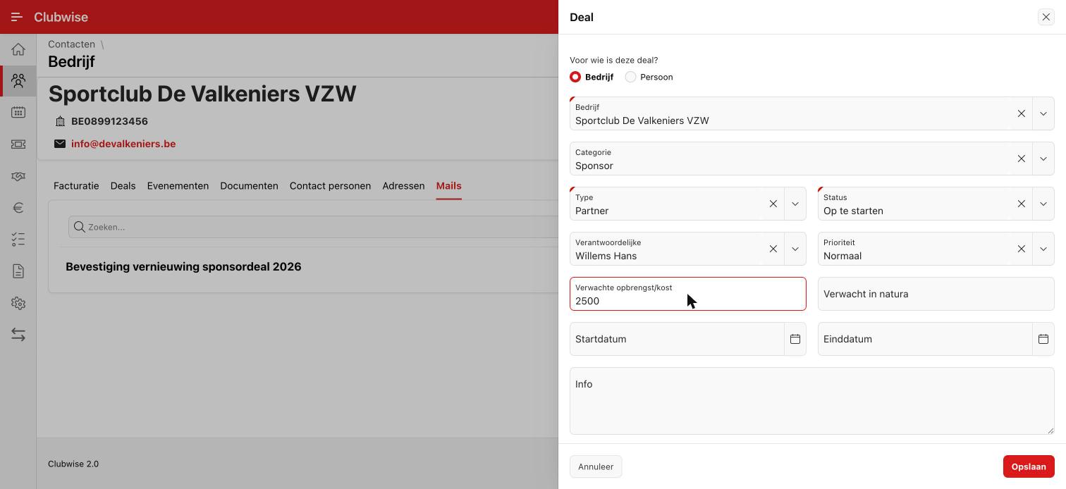 Deal aanmaken vanuit een contact: bedrijf vooraf ingevuld, rest zelf aan te vullen (categorie, type, status, verwachte opbrengst).
