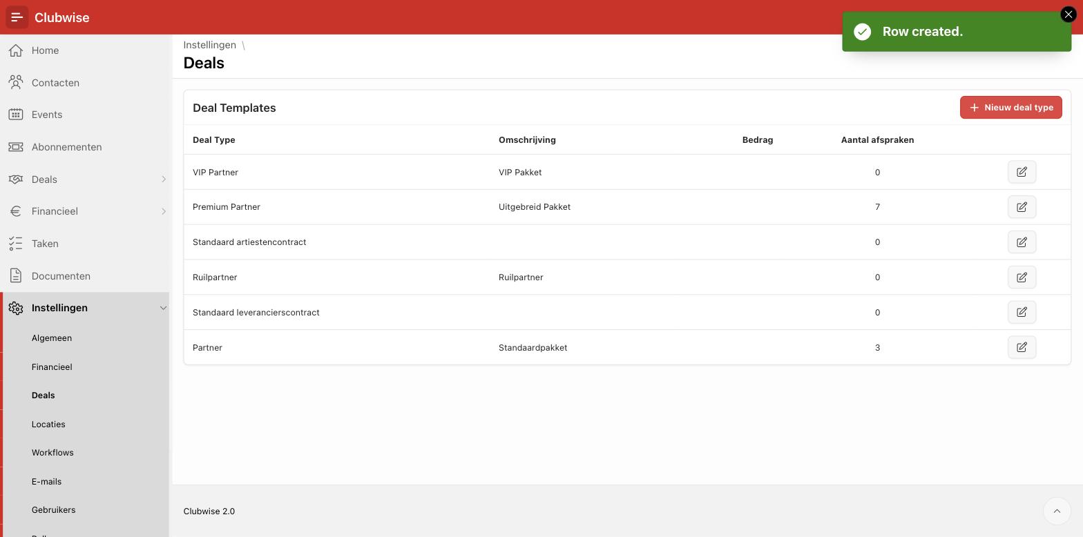 Deal Templates: alle deal types, over de drie categorieën heen.