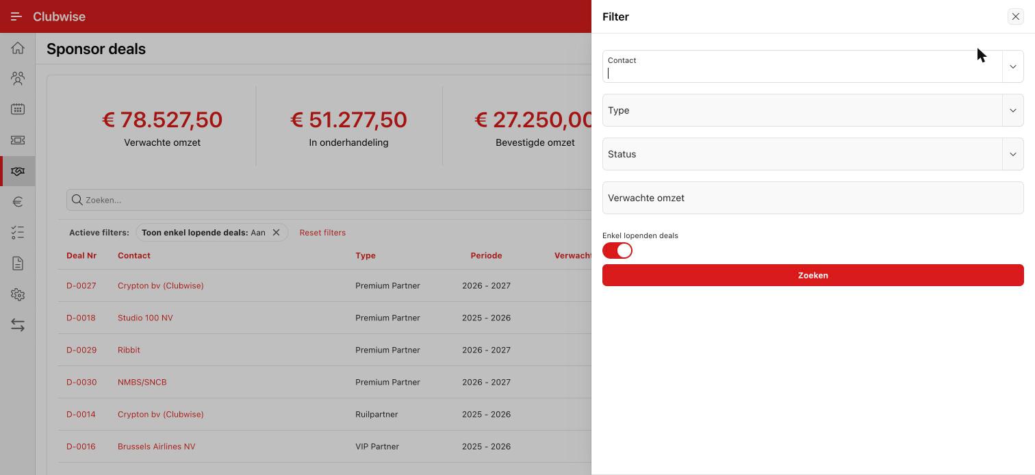 Het filterpaneel van het dealoverzicht: contact, type, status, verwachte omzet en “enkel lopende deals”.