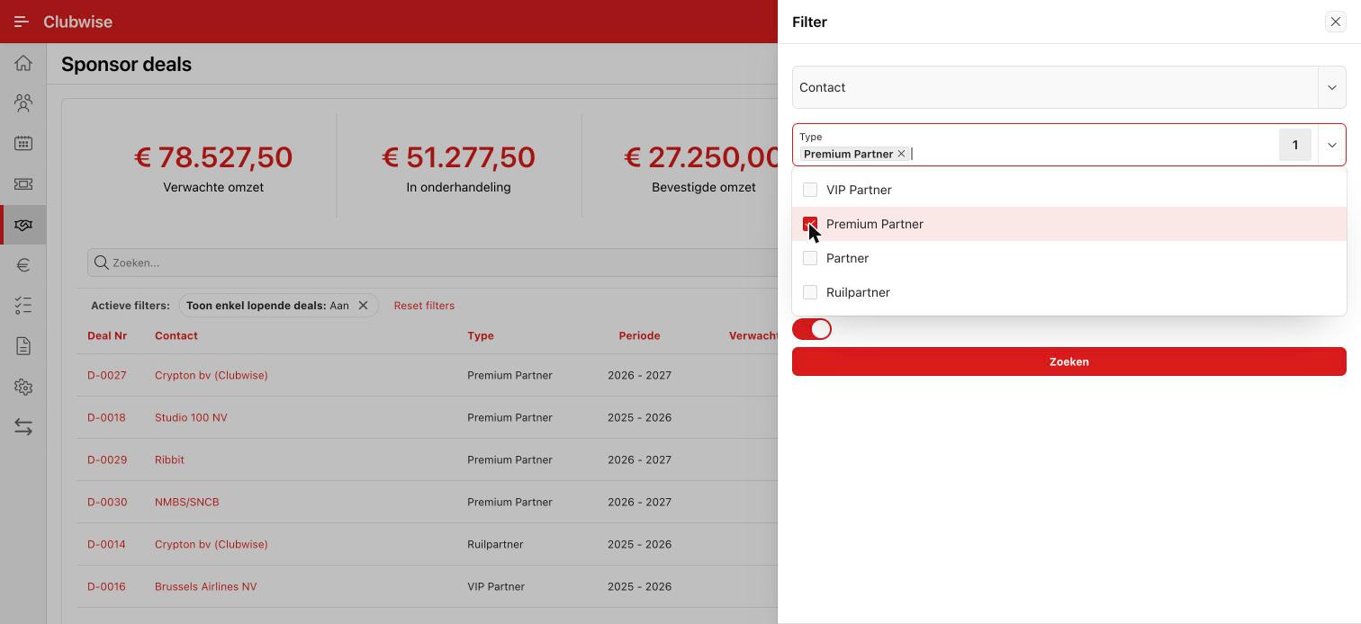 Meerdere types tegelijk selecteren in het filterpaneel.