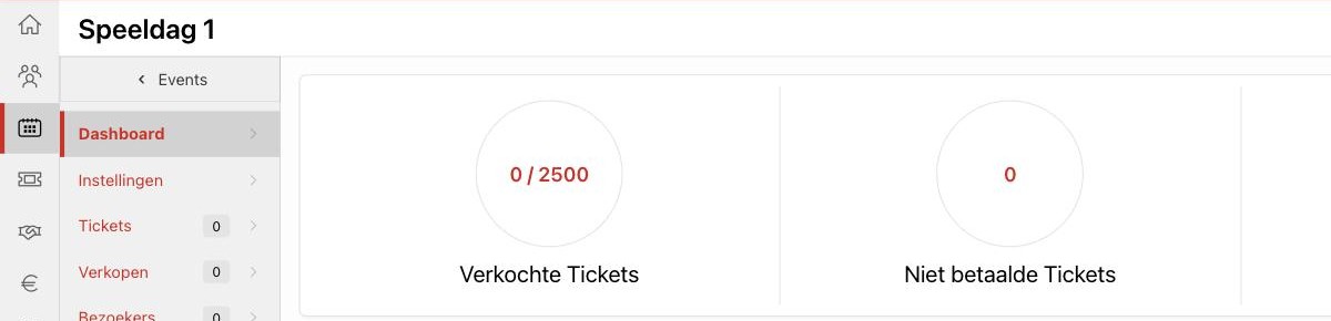 Event-dashboard met verkochte tickets, niet-betaalde tickets en aanwezigen.