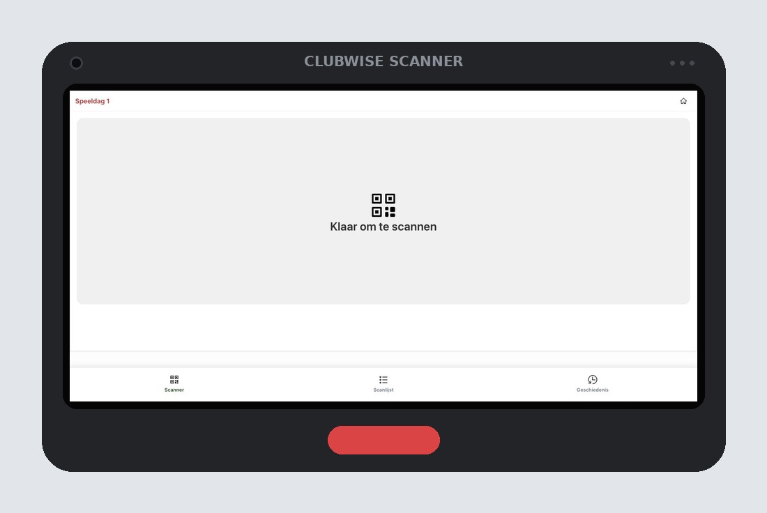 De Sunmi Scanner-app op een handscanner: klaar om te scannen, met Scanner, Scanlijst en Geschiedenis onderaan.